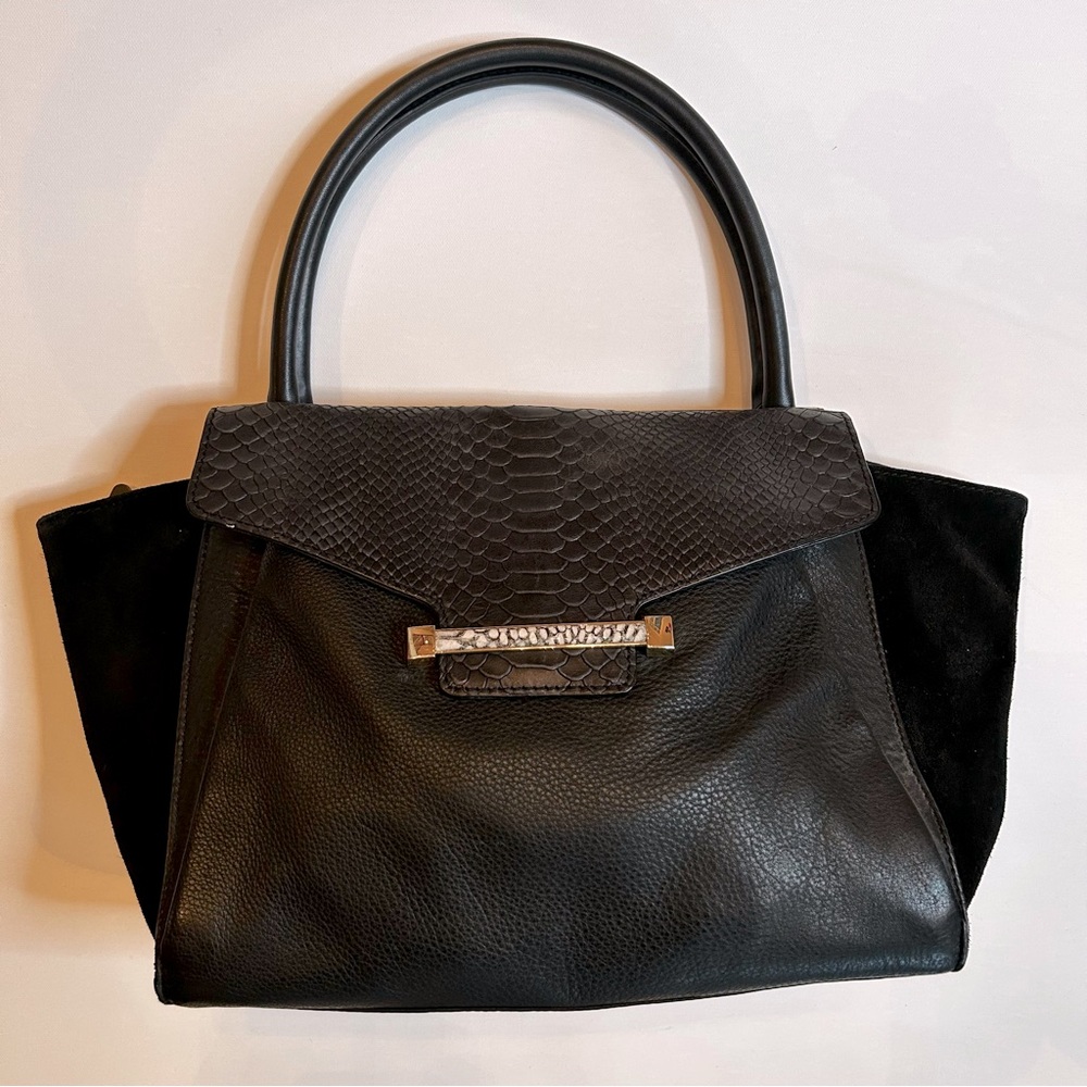 Vince Camuto Women's Black Genuine Suede & Leather Trapeze Bag with Snake Print